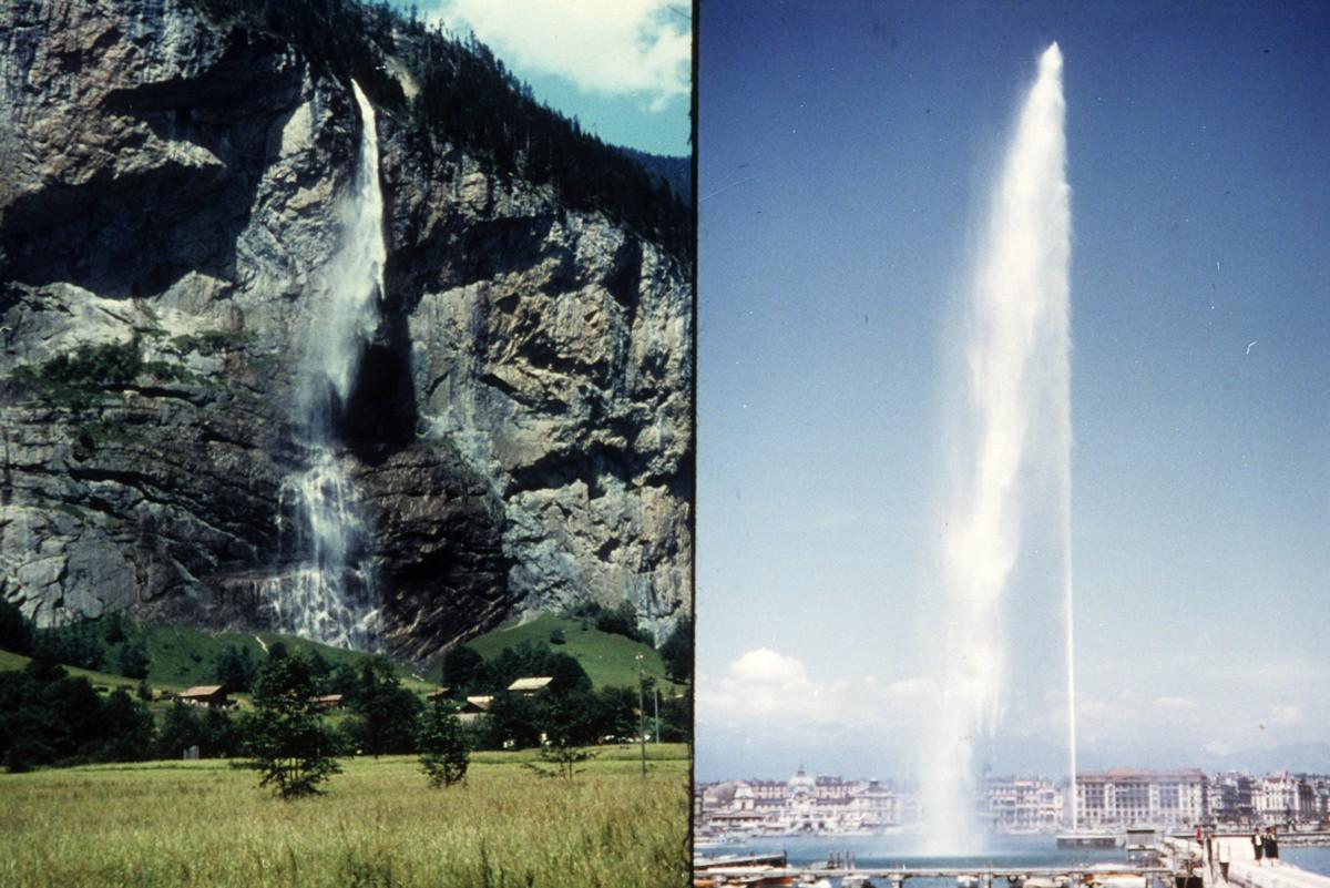 Left: Waterfall At Lauderbrunnen. Right: Fountain In Lac Leman, Geneva, Switzerland