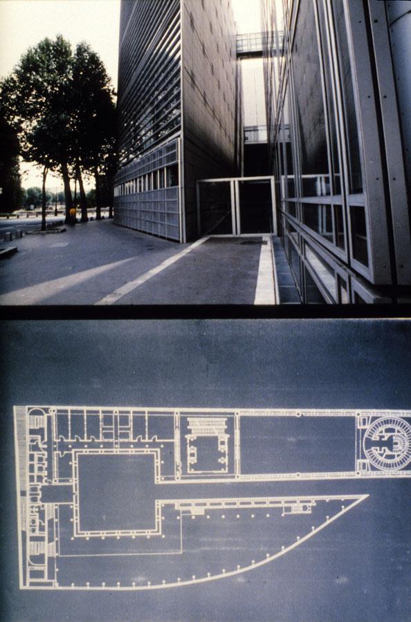 Institut De Monde Arabe, Paris, 1981 - 1988. Top: Break Between North & South Blocks With Patio At East End. View From West; Bottom: Plan