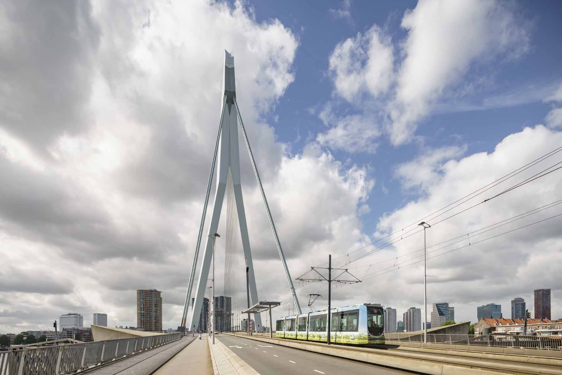 Erasmus Bridge, Rotterdam. Showing Steel Pylon. Ben Van Berkel, 1996