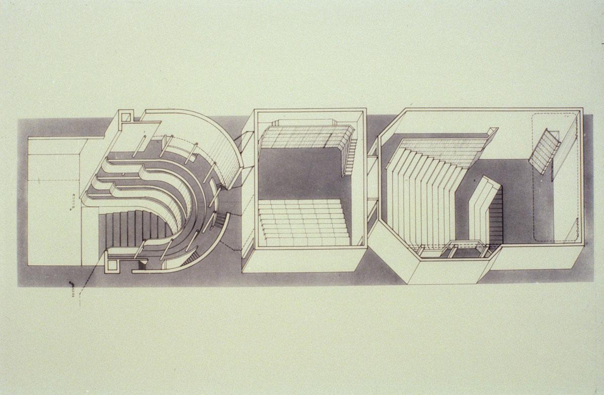 Royal Scottish Academy Of Music & Drama, Glasgow, 1987. Axonometric. The Auditoria Separated By The Rehearsal Room