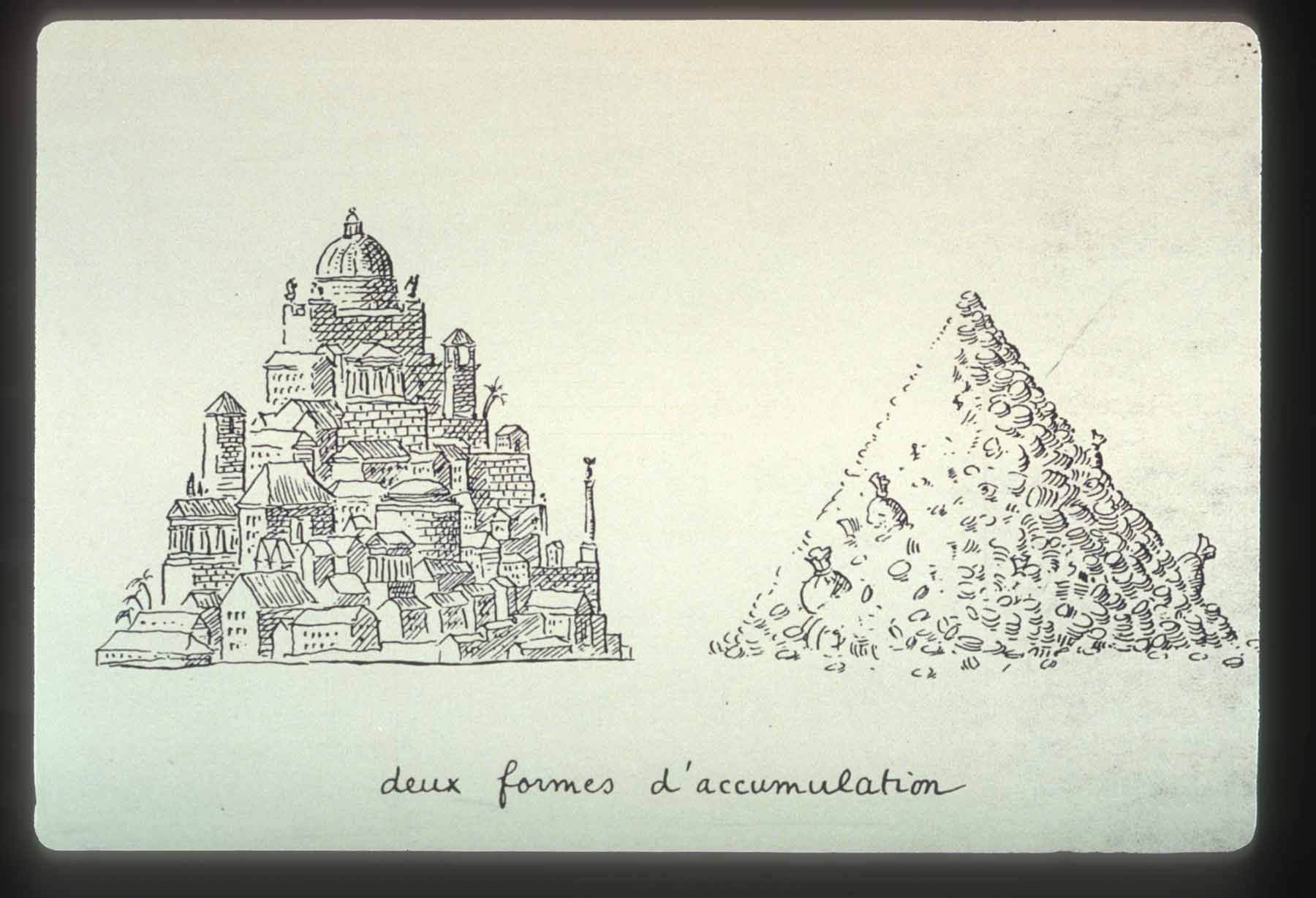 Diagram. Two Forms Of Accumulation: Mountain Of Buildings (Left) & Mountain Of Money (Right)