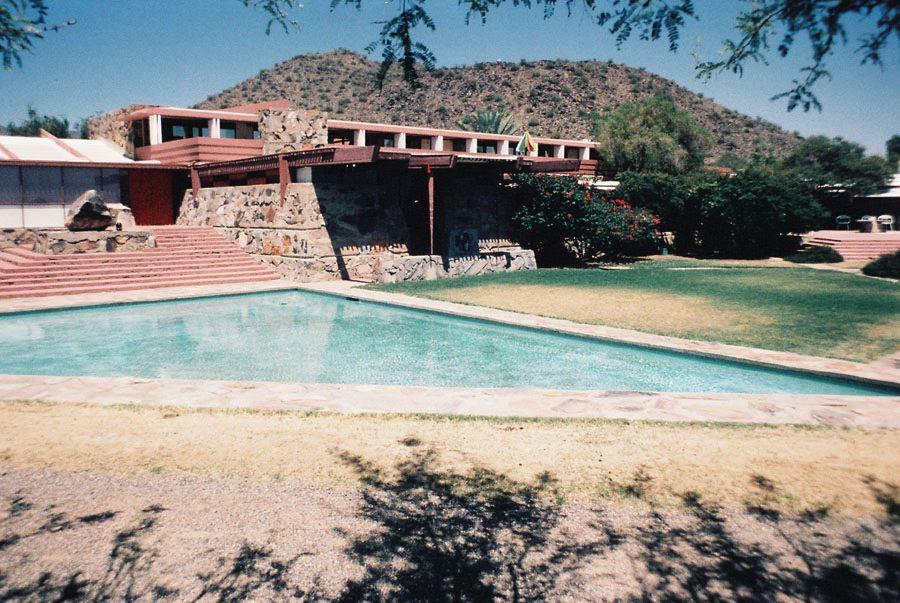 Taliesin West, Scottsdale, Arizona By Frank Lloyd Wright, 1937-1956. Wright's Winter Home On Maricopa Mesa For The Taliesin Fellowship, He Called The Construction 'Desert Rubblestone Wall'. In The Desert, Stretched Linen Canvas Was Used To Shield Against Sun Glare & Flash Thunderstorms