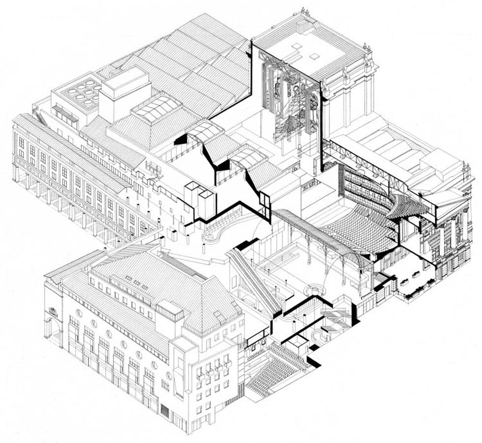 Royal Opera House, Covent Garden, London. Cutaway Axonometric Showing Public Areas
