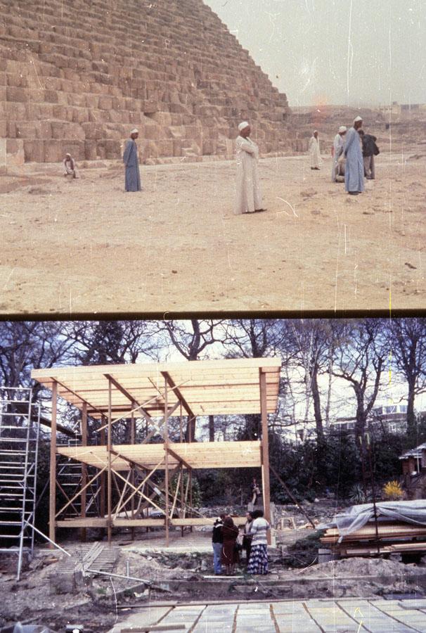 Top: Pyramid At Giza. Bottom: Timber-Framed House Under Construction